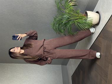 Kahverengi Fitilli Bisiklet Yaka Sweatshirt Pantolon Kadın Alt Üst Takım