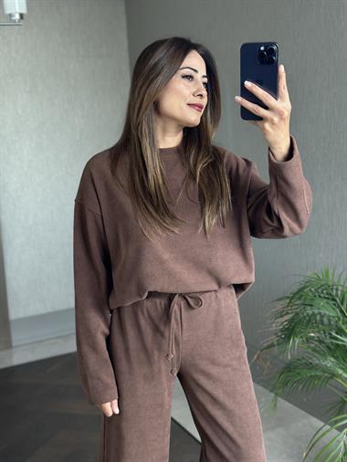 Kahverengi Fitilli Bisiklet Yaka Sweatshirt Pantolon Kadın Alt Üst Takım