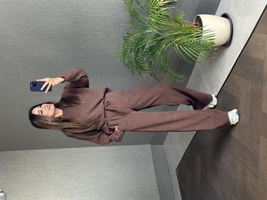 Kahverengi Fitilli Bisiklet Yaka Sweatshirt Pantolon Kadın Alt Üst Takım