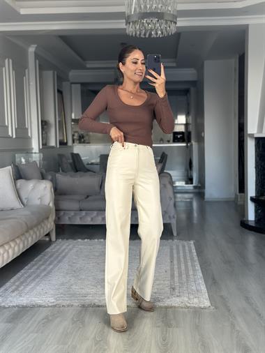 Kahverengi Fitilli Kaşkorse Uzun Kol U Yaka Kadın Body