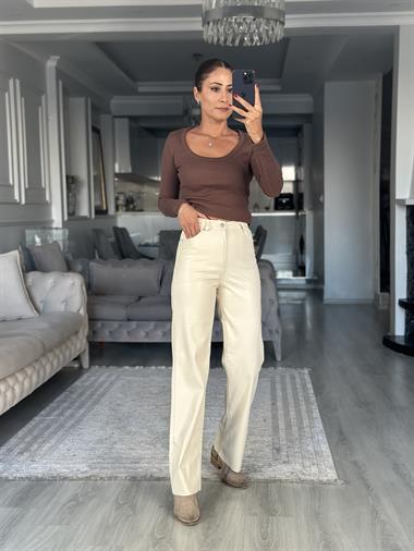 Kahverengi Fitilli Kaşkorse Uzun Kol U Yaka Kadın Body