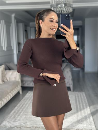 Kahverengi Fitilli Kolu Yırtmaçlı Düğme Detaylı Kadın Triko Kazak