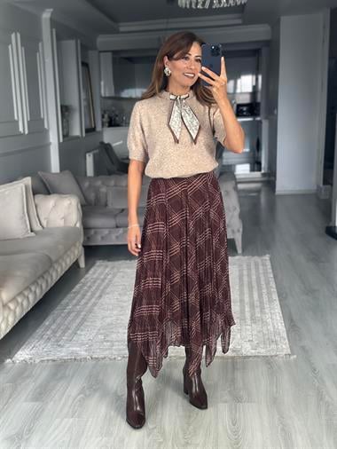 Kahverengi Geometrik Çizgili Midi Boy Kadın Şifon Etek