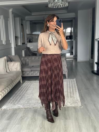 Kahverengi Geometrik Çizgili Midi Boy Kadın Şifon Etek