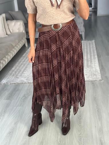 Kahverengi Geometrik Çizgili Midi Boy Kadın Şifon Etek
