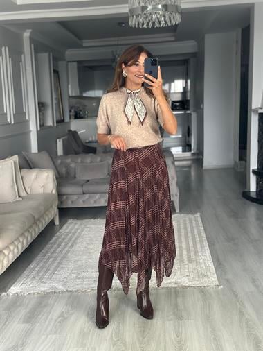 Kahverengi Geometrik Çizgili Midi Boy Kadın Şifon Etek