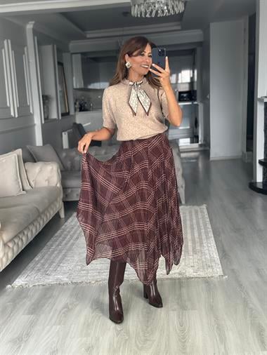 Kahverengi Geometrik Çizgili Midi Boy Kadın Şifon Etek