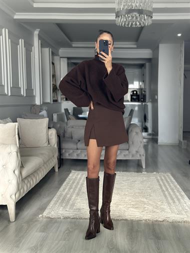 Kahverengi İçi Şortlu Yandan Fermuarlı Kadın Mini Etek