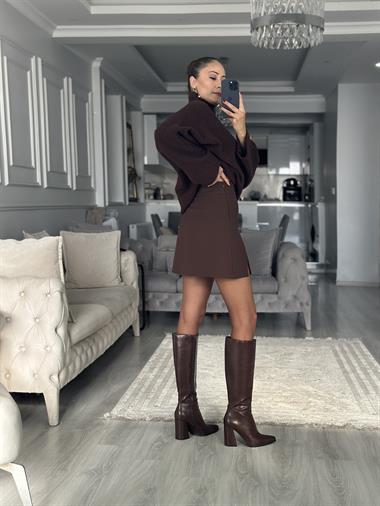 Kahverengi İçi Şortlu Yandan Fermuarlı Kadın Mini Etek