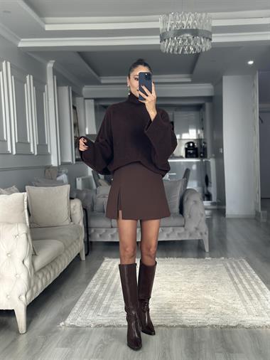 Kahverengi İçi Şortlu Yandan Fermuarlı Kadın Mini Etek