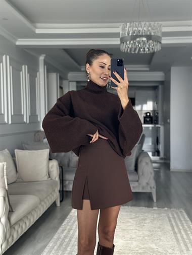 Kahverengi İçi Şortlu Yandan Fermuarlı Kadın Mini Etek