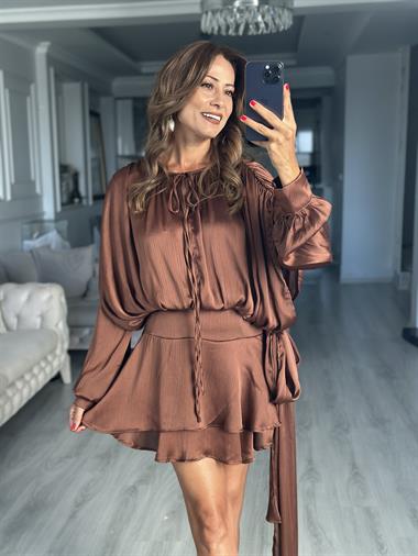 Kahverengi İpek Saten İçi Şortlu Tasarım Kadın Elbise