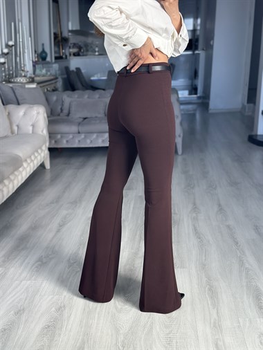 Kahverengi İspanyol Paça Kemerli Full Likralı Kadın Pantolon