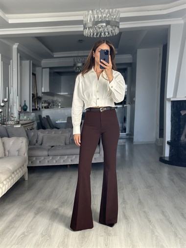 Kahverengi İspanyol Paça Kemerli Full Likralı Kadın Pantolon