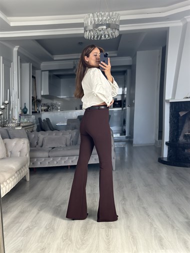 Kahverengi İspanyol Paça Kemerli Full Likralı Kadın Pantolon
