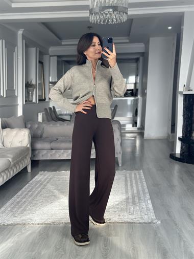 Kahverengi İthal Kumaş Beli Lastikli Kadın Yürüyüş Pantolon