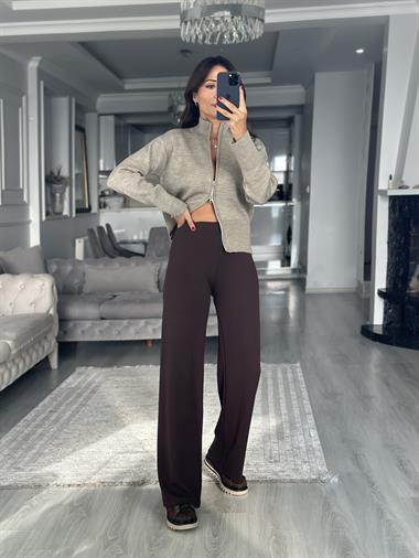 Kahverengi İthal Kumaş Beli Lastikli Kadın Yürüyüş Pantolon