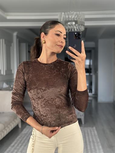 Kahverengi Kadife Dokulu Bisiklet Yaka Transparan Kadın Bluz