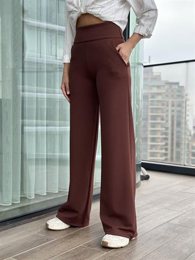 Kahverengi Kalın Kemerli Likralı Krep Palazzo Kadın Pantolon