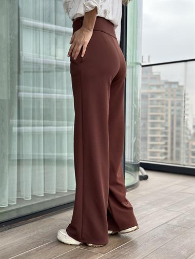 Kahverengi Kalın Kemerli Likralı Krep Palazzo Kadın Pantolon