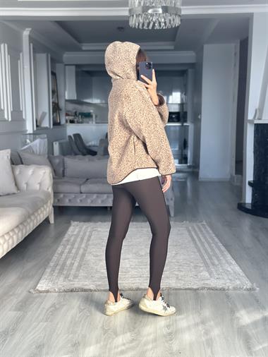 Kahverengi Kapüşonlu Fermuarlı Cepli Polar Kadın Ceket