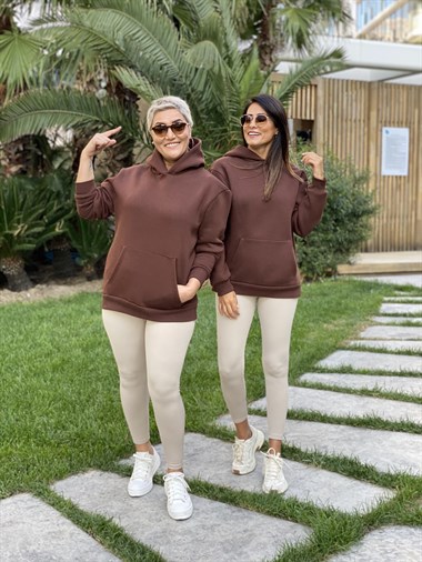 Kahverengi Kapüşonlu Üç İplik Kanguru Cep Kadın Sweatshirt