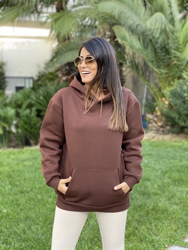 Kahverengi Kapüşonlu Üç İplik Kanguru Cep Kadın Sweatshirt