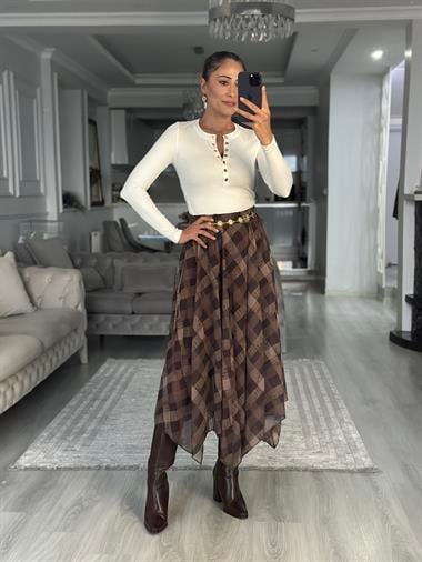 Kahverengi Kare Desenli Asimetrik Midi Boy Kadın Şifon Etek