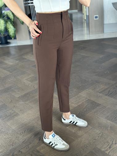 Kahverengi Yüksek Bel Önü Flatolu Kadın Kumaş Pantolon