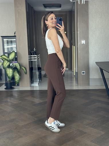 Kahverengi Yüksek Bel Önü Flatolu Kadın Kumaş Pantolon