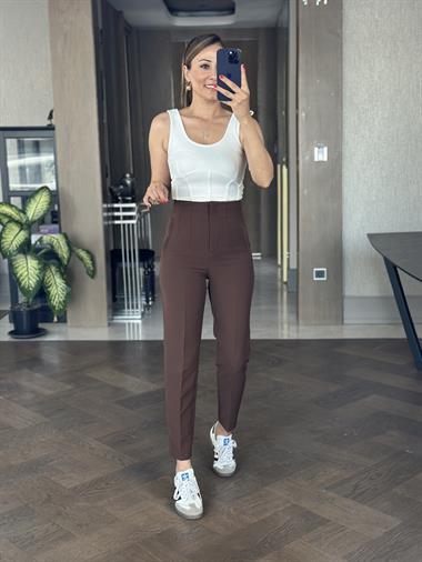 Kahverengi Yüksek Bel Önü Flatolu Kadın Kumaş Pantolon