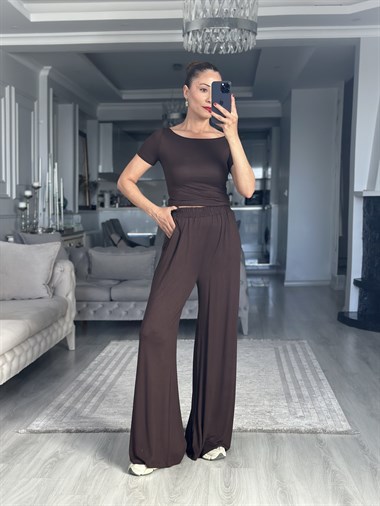 Kahverengi Kayık Yaka Kısa Kollu Body Pantolon Kadın İkili Takım