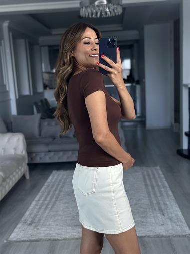 Kahverengi Kayık Yaka Modal Kısa Kol Kadın Body