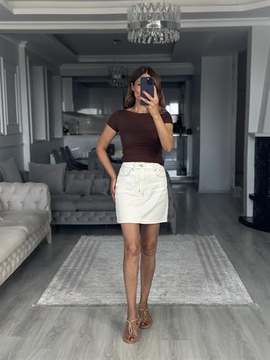 Kahverengi Kayık Yaka Modal Kısa Kol Kadın Body