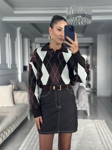 Kahverengi Kemerli Cepli Kadın Mini Jean Etek