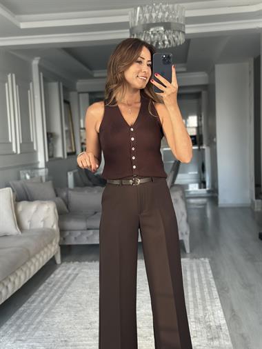 Kahverengi Kemerli Cepli Manşetli Paça Kadın Kumaş Pantolon