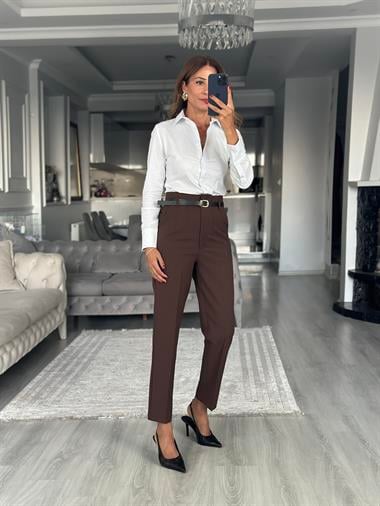 Kahverengi Kemerli Flatolu Kadın Kumaş Pantolon