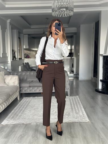 Kahverengi Kemerli Flatolu Kadın Kumaş Pantolon