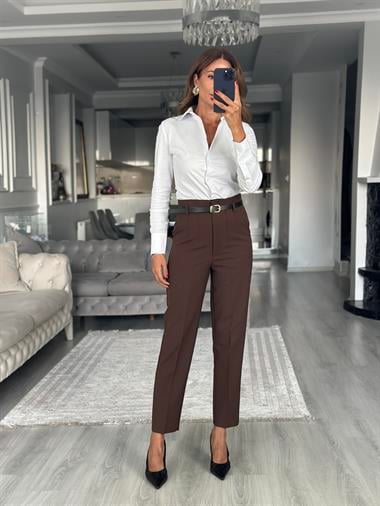 Kahverengi Kemerli Flatolu Kadın Kumaş Pantolon