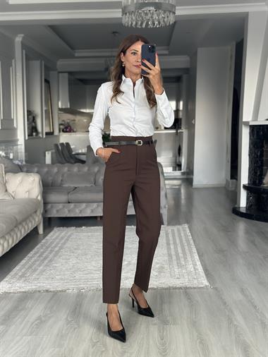 Kahverengi Kemerli Flatolu Kadın Kumaş Pantolon