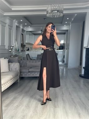 Kahverengi Kemerli Kalın Pileli Midi Boy Kadın Etek