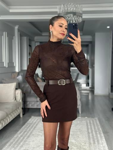 Kahverengi Kemerli Yün Karışımlı Kaşe Mini Kadın Etek