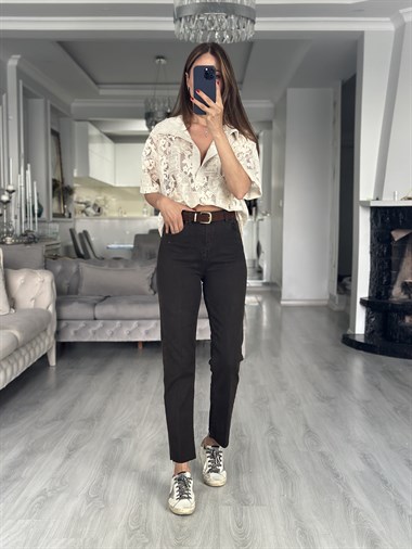 Kahverengi Kemerli Straight Cut Kadın Jean Pantolon