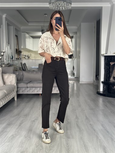 Kahverengi Kemerli Straight Cut Kadın Jean Pantolon
