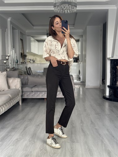 Kahverengi Kemerli Straight Cut Kadın Jean Pantolon