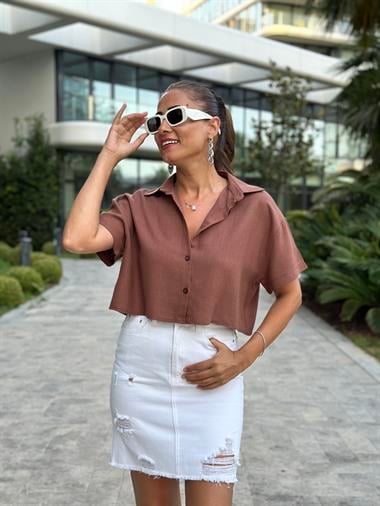 Kahverengi Keten Marka Model Kısa Kol Kadın Crop Gömlek