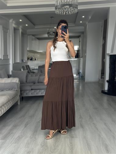 Kahverengi Krinkıl Beli Lastikli Kadın Midi Boy Etek