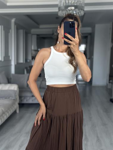Kahverengi Krinkıl Beli Lastikli Kadın Midi Boy Etek