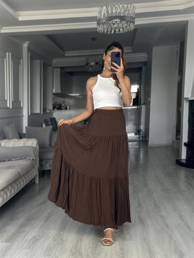 Kahverengi Krinkıl Beli Lastikli Kadın Midi Boy Etek