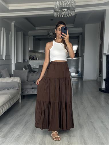 Kahverengi Krinkıl Beli Lastikli Kadın Midi Boy Etek